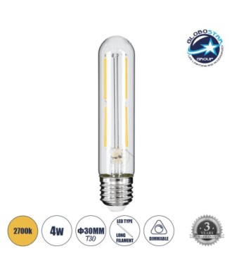 GLOBOSTAR® TUBIS 99019 Λάμπα Σωλήνας E27 T30 LED 4W 400lm 360° AC 220-240V IP20 Θερμό Λευκό 2700K Dimmable - Long Filament Chip - Διάφανο - Μ3 x Π3 x Υ13.5cm - 3 Χρόνια Εγγύηση